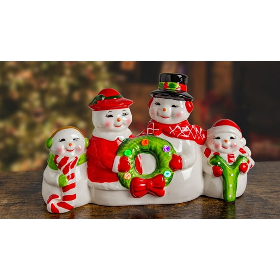 Mr. Christmas Snowman Family Figurines with Word Joy Nostalgic 10" (Holding Wreath)
