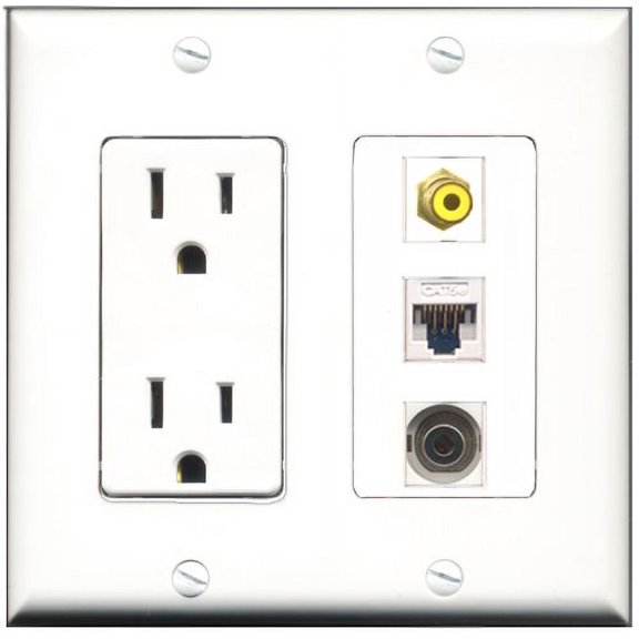 RiteAV - 15 Amp Power Outlet 1 Port RCA Yellow 1 Port 3.5mm 1 Port Cat5e Ethernet White Decorative Wall Plate