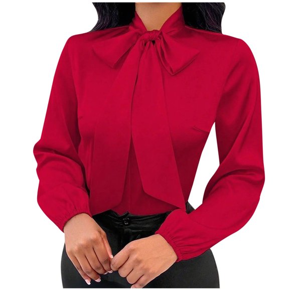 HongQid Women's Silk Blouse Long Sleeve Bow Tie Neck Button Down Shirts Casual Office Work Blouse Tops