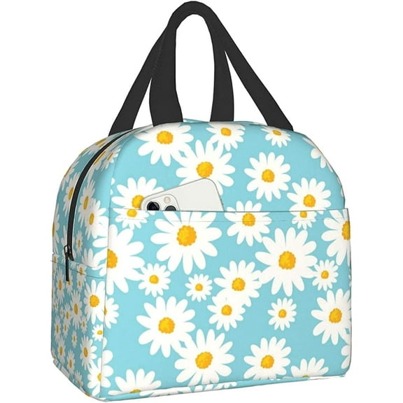 Sunyuer Insulated Lunch Bag for Women, Daisy Lunch Box, Waterproof Reusable Tote Bag with Pocket, Picnic