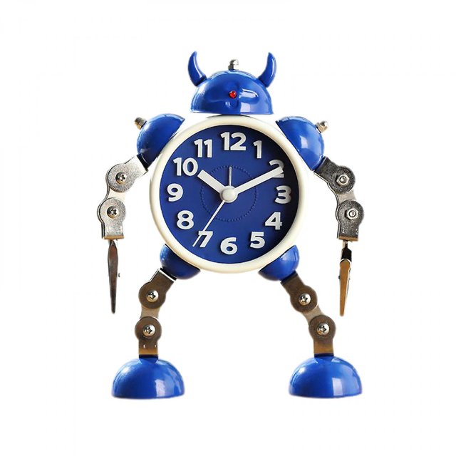 Reloj despertador robot sin tictac Reloj despertador de metal inoxidable con luces intermitentes y clip de mano (azul) Feliz Sencillez