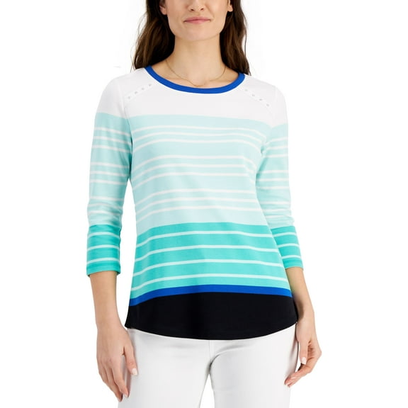 Karen Scott Becca Striped Scoop Neck 3/4 Sleeve Top Vibrant Blue 2XL
