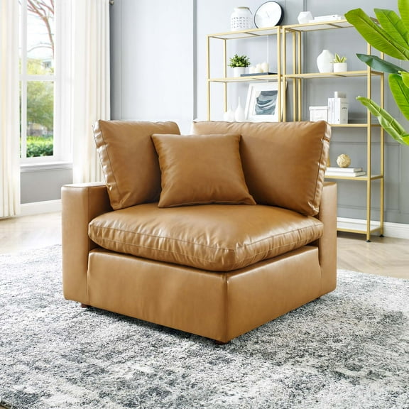 Modway Commix Down Filled Overstuffed Vegan Leather Corner Chair in Tan