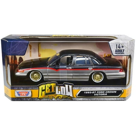 1993-1997 Ford Crown Victoria Lowrider Black Met. and Silver w/Red Stripes "Get Low" Series 1/24 Diecast Model Car by Motormax