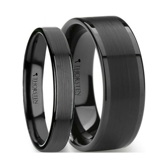 Matching Rings Set Flat Black Tungsten Ring With Brushed Center Polished Edges