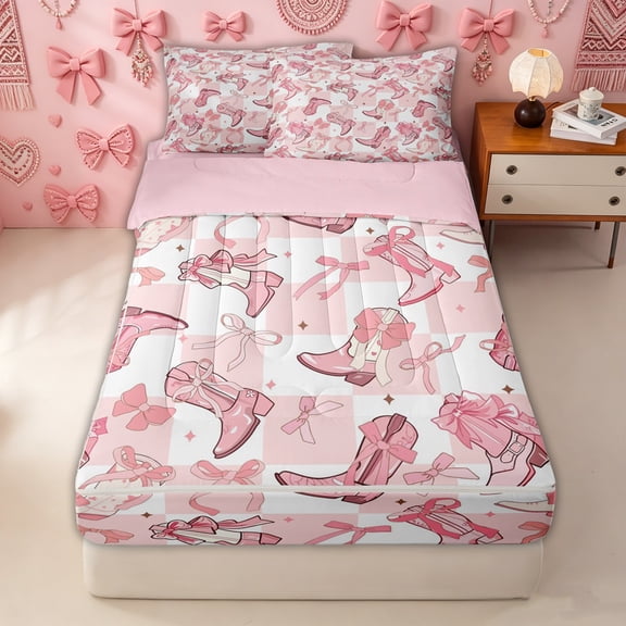 Erosebridal Gingham Cowboy Boot Zipper Twin Comforter Sets with Fitted Sheet and 2 Pillowcases for Women Girls, Pink Western Bow Zipper Bedding Set, Pink Reversible, 4pcs
