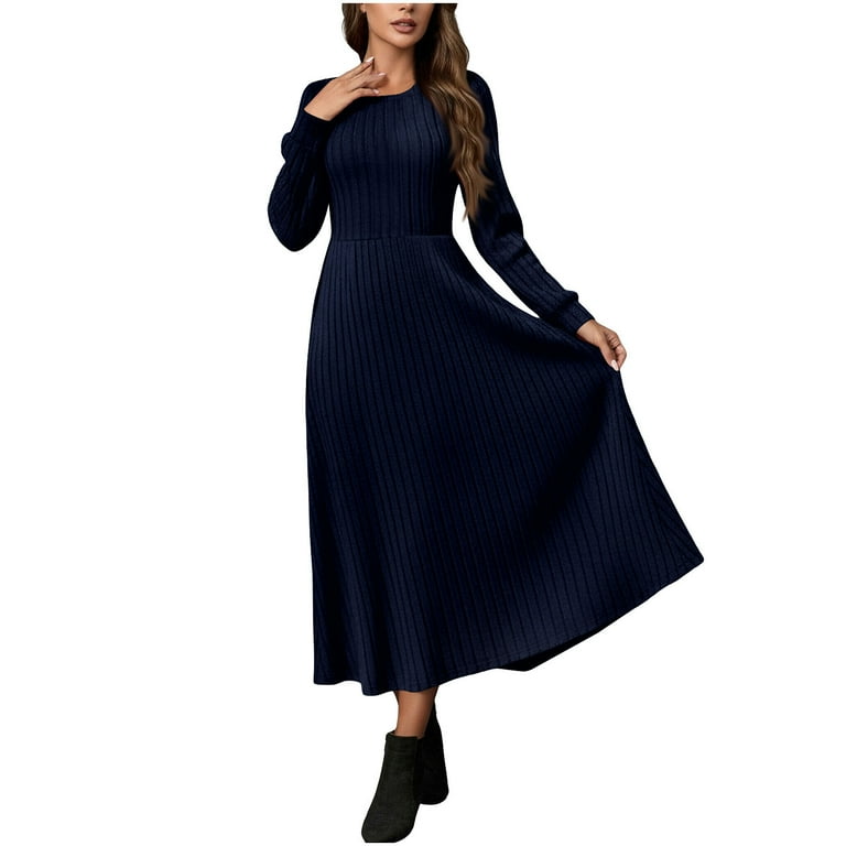 Xuniizn Long Sleeve Dresses for Women Solid Crewneck Casual Slim Maxi Winter Dress Stretchy Soft Comfortable Rib Knitted Workwear Dress, S-2xl,
