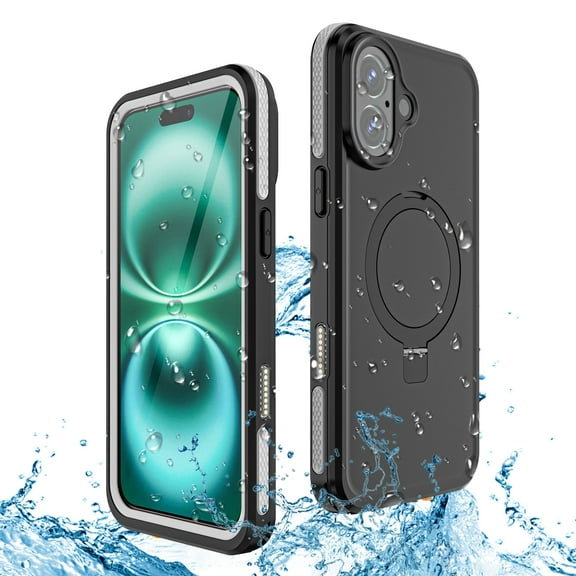 for iPhone 16 Rugged Case with Magsafe Ring Kickstand, Waterproof Shockproof Built-in Screen Protector, Full Body Protection Phone Cover with Dust Plug for iPhone 16, Gray