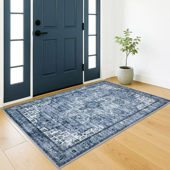 Brisasol Washable Rug for Entryway 3x5 Blue Area Rug with Rubber Backing Vintage Floor Carpet for Bedroom Living Room Kitchen