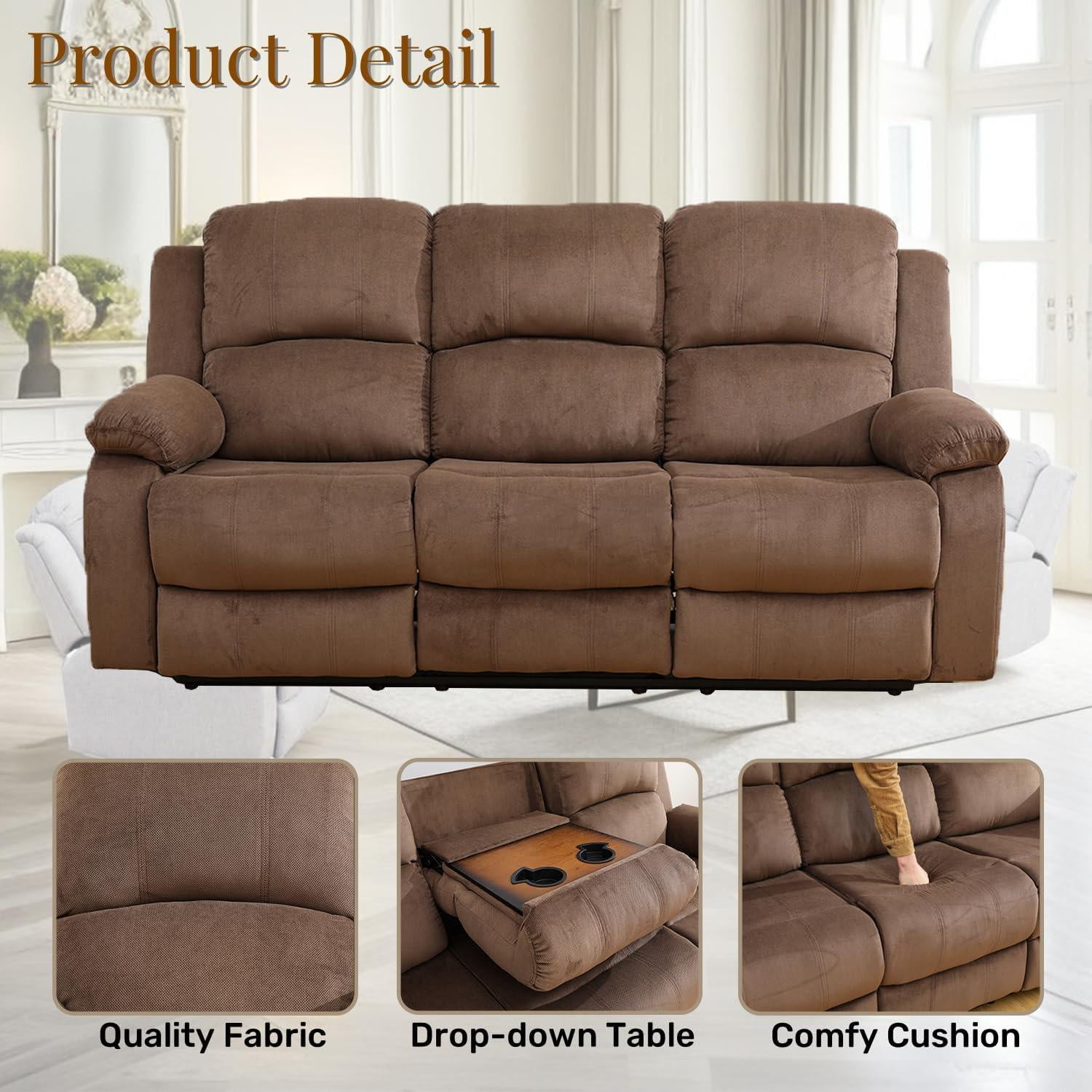 Gewnee Corduroy Upholstered Manual Reclining Sofa with 3 Recliners and Cup Holders,Coffee