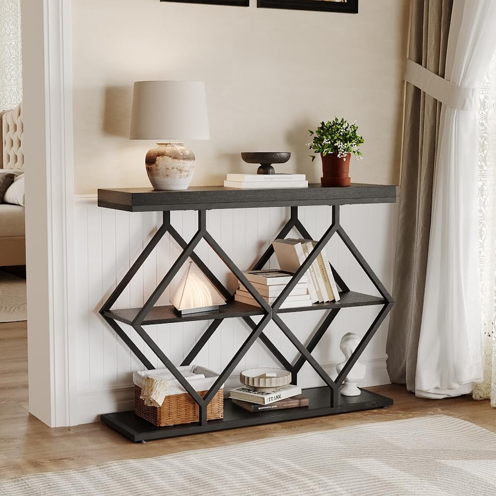 Industrial 3-Tier Entryway Table, Console Sofa Table with Open Shelves, X-Shaped Metal Frame, Foyer Accent Table for Entryway, Hallway