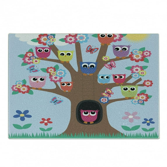 Owl Cutting Board, Cartoon Birds and Butterflies on a Tree Nursery Style Composition Kids Illustration, Decorative Tempered Glass Cutting and Serving Board, in 3 Sizes, by Ambesonne