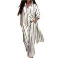 thumbnail image 2 of Roncen Women's Long Sleeve Stripe Set - Loose Fit Wide-Leg Pants 2-Piece Outfit with Turn-Down Collar & Casual Trousers, 2 of 9