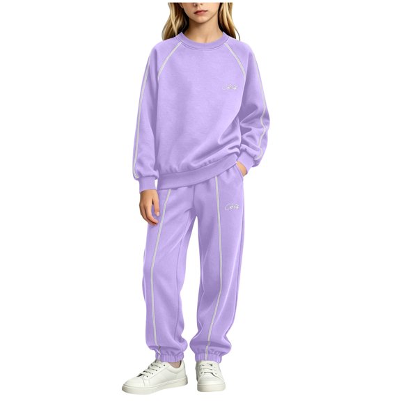 AherBiu Kids Teens Girls Boys Sweatsuits Striped 2 Piece Outfits Long Sleeve Crewneck Sweatshirt with Joggers Sweatpants Sets(14-15Years,Purple)