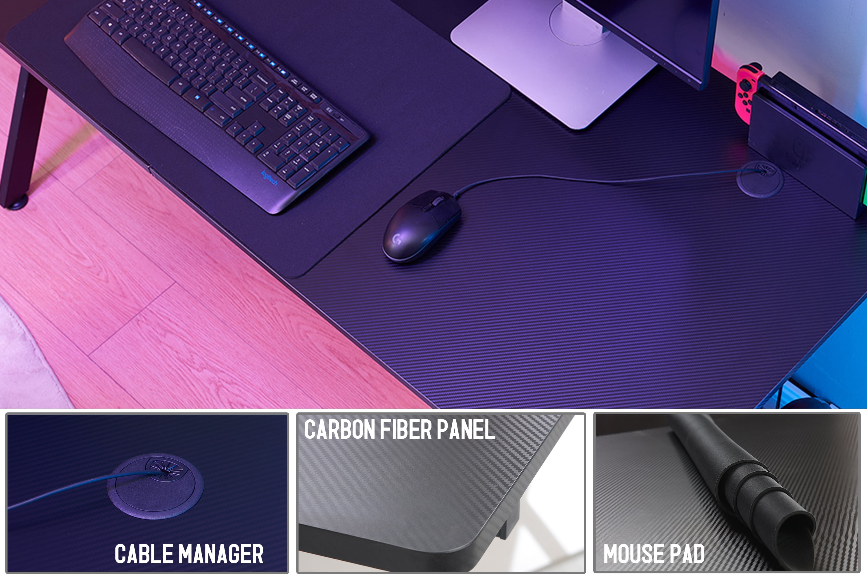 JJS Game Table 63 ", carbon fiber surface computer table, mouse pad, ergonomic e-sports style game table, dual headphone hooks, Black