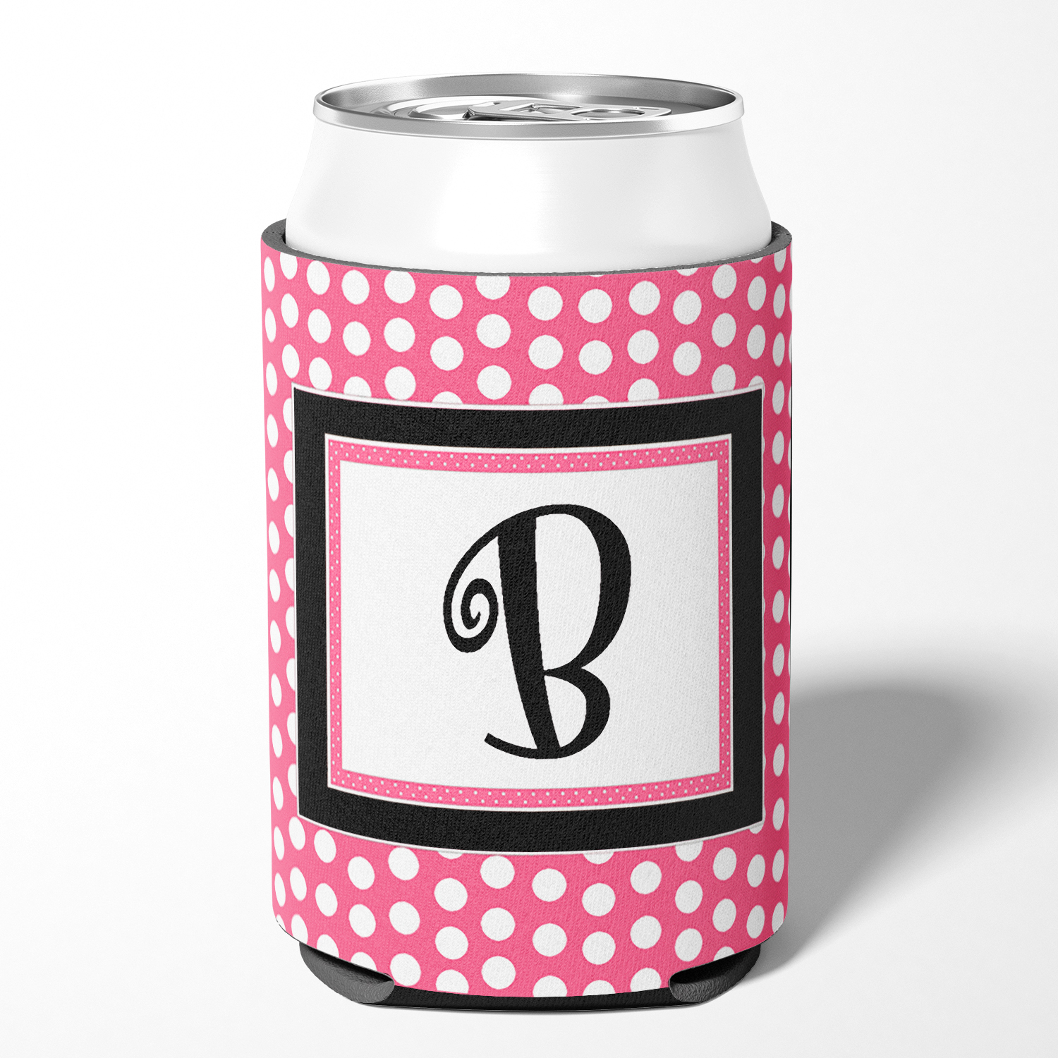 Letter B Initial Monogram - Pink Black Polka Dots Can or Bottle Beverage Insulator Hugger