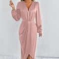 thumbnail image 6 of YueHuiYing Women's Solid Color Long Sleeve V-Neck Waist Split Formal Cocktail Wedding Guest Satin Dresses, 6 of 8