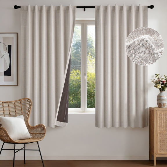 Deconovo Faux Linen 100% Blackout Curtains, Thermal Insulated Back Tab, 2 Panels, Natural Linen, 52" x 72"