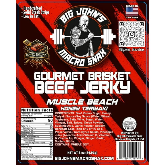 Big John's Macro Snax Muscle Beach Honey Teriyaki Brisket Beef Jerky – High-Protein, Keto-Friendly, Low-Fat, Sweet & Savory Snack – On-the-Go Fuel, Perfect for Post-Workout & Energy – 3 Oz