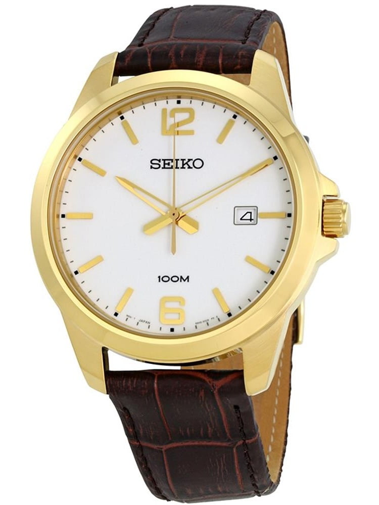 Seiko Men's 42mm Brown Leather Band Steel Case Hardlex Crystal Quartz White  Dial Analog Watch SUR252 