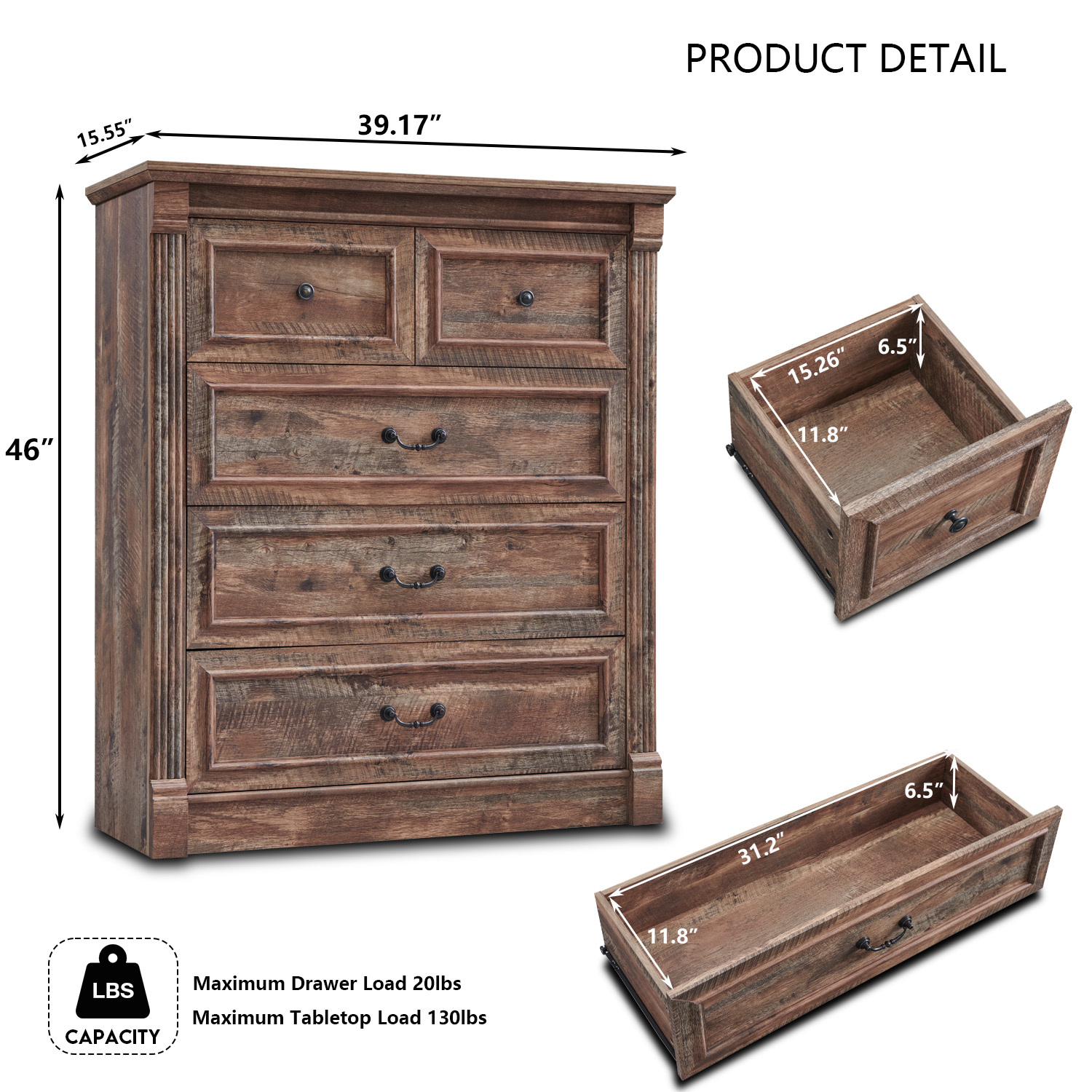AsterOutdoor Farmhouse 5 Drawers Dresser, Tall Chests of Drawers w/Roman Column, Large Storage Dressers Organizer for Bedroom, Hallway, Living Room