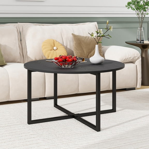 Black Round Coffee Table With Cross Metal Legs For Living Room Sofa Side Table