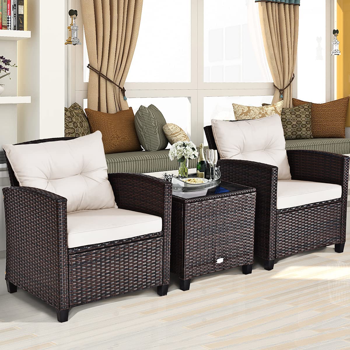 3 Pieces Patio Furniture Set, PE Rattan Wicker 3 Pcs Outdoor Sofa Set w/Washable Cushion and Tempered Glass Tabletop, Conversation Furniture for Garden Poolside Balcony (White)