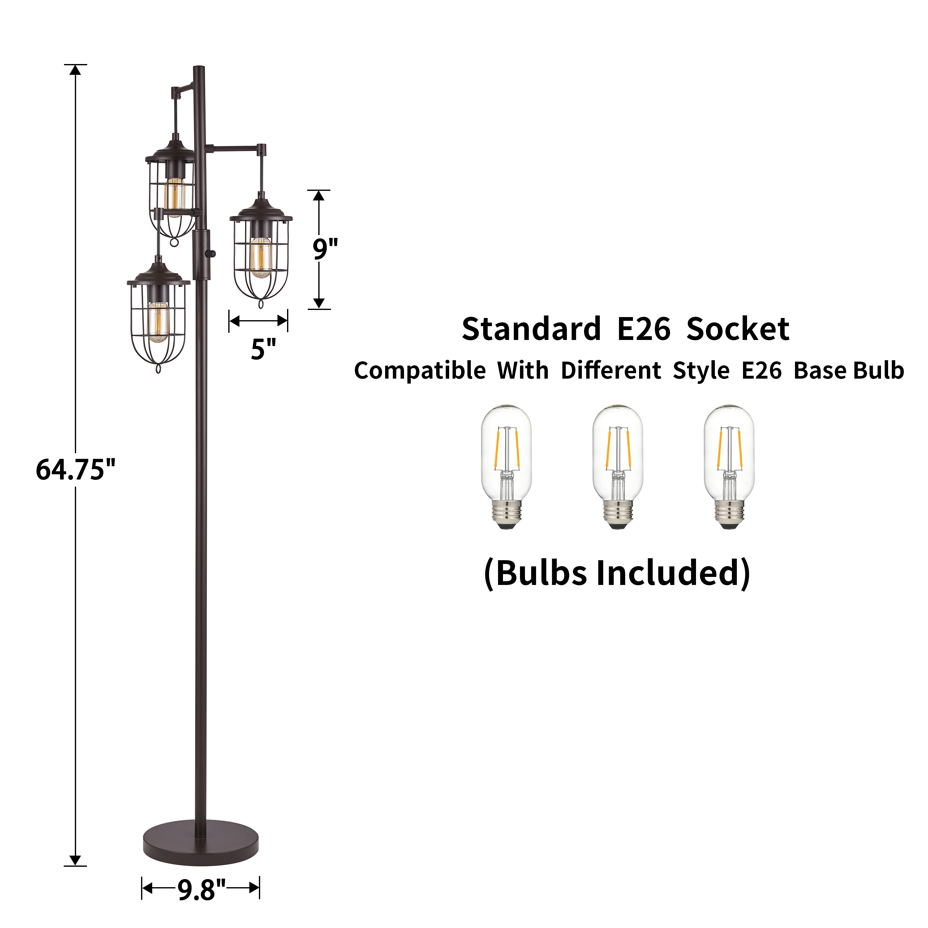 KAWOTI 64.75'' Industrial Bronze 3-Light Lantern Floor Lamp with  Metal Cage Shades, Bulbs Included