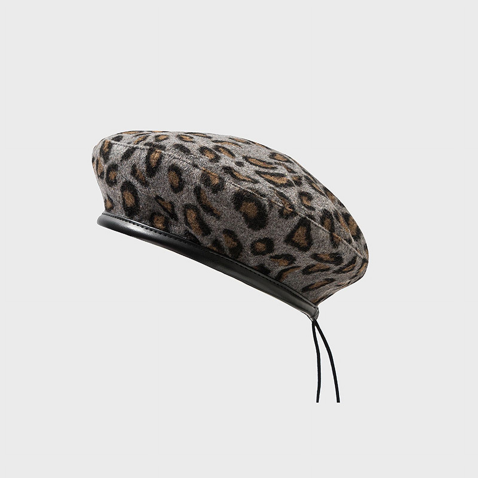 5569 Fashion Lady Leopard Print Beret Hat Wool Warm Plain Beanie Hat Cap, Leopard wool beret - Camel print main image 3