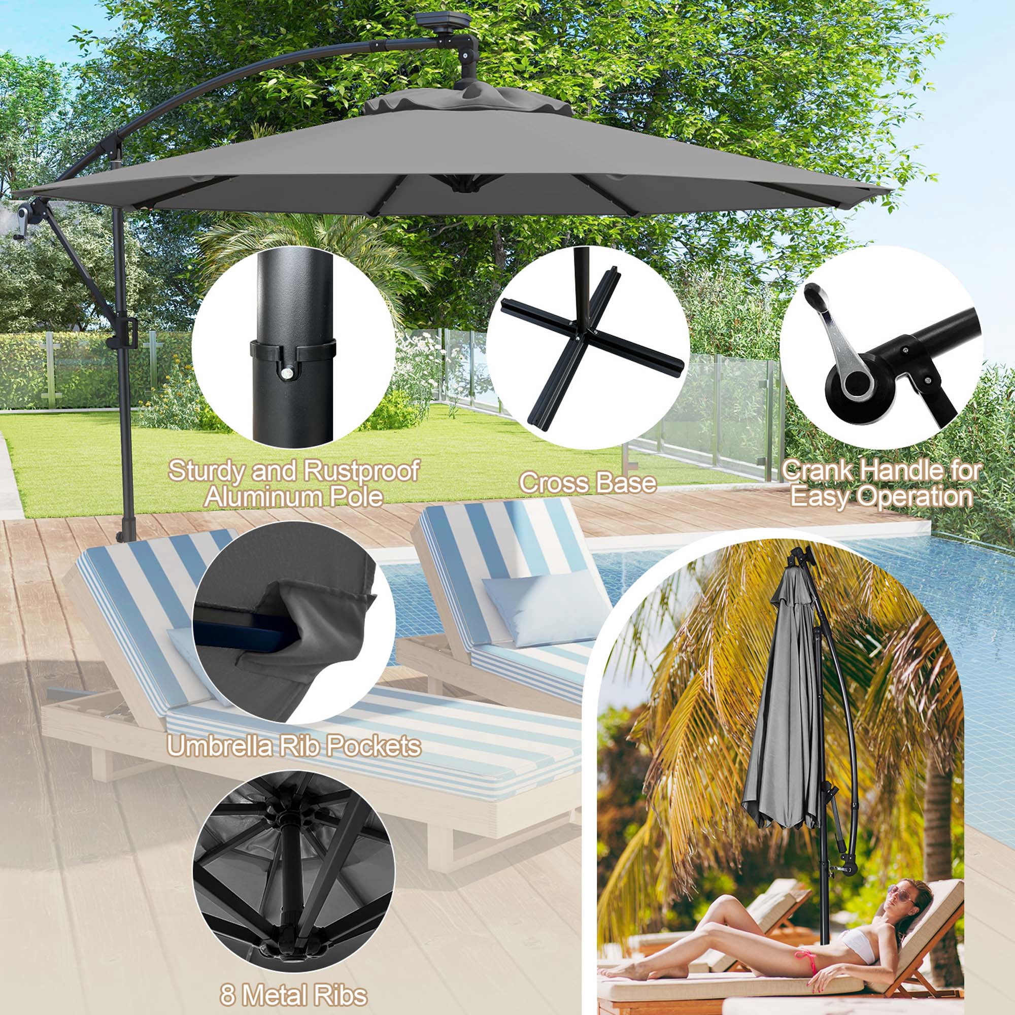 Costway 10FT Patio Offset Umbrella Sun Shade 32 Solar LED Light 360° Rotation Gray