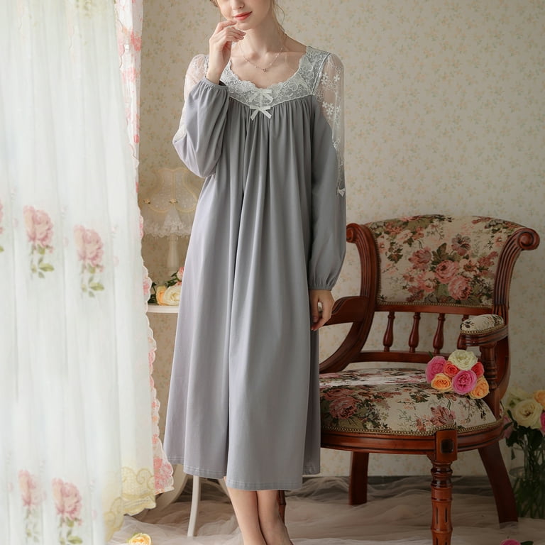 Homgro Women's Long Sleeve Pajamas Victorian Nightgown Cute Vintage Soft  Cotton Nightgowns Grey Large 