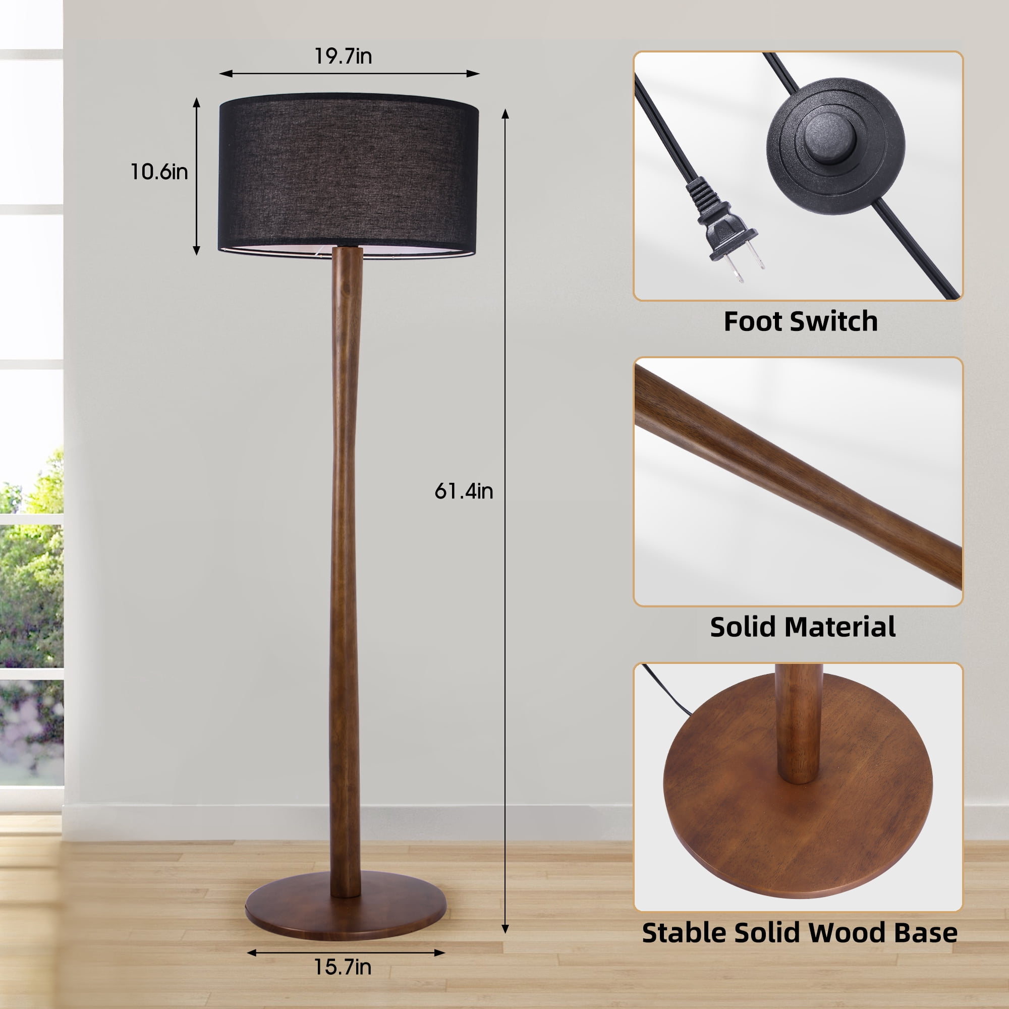 Lxmons 61'' Walnut Wood Floor Lamp, Modern Standing Lamp with Foot Switch for Living Room, Bedroom, Office, Black