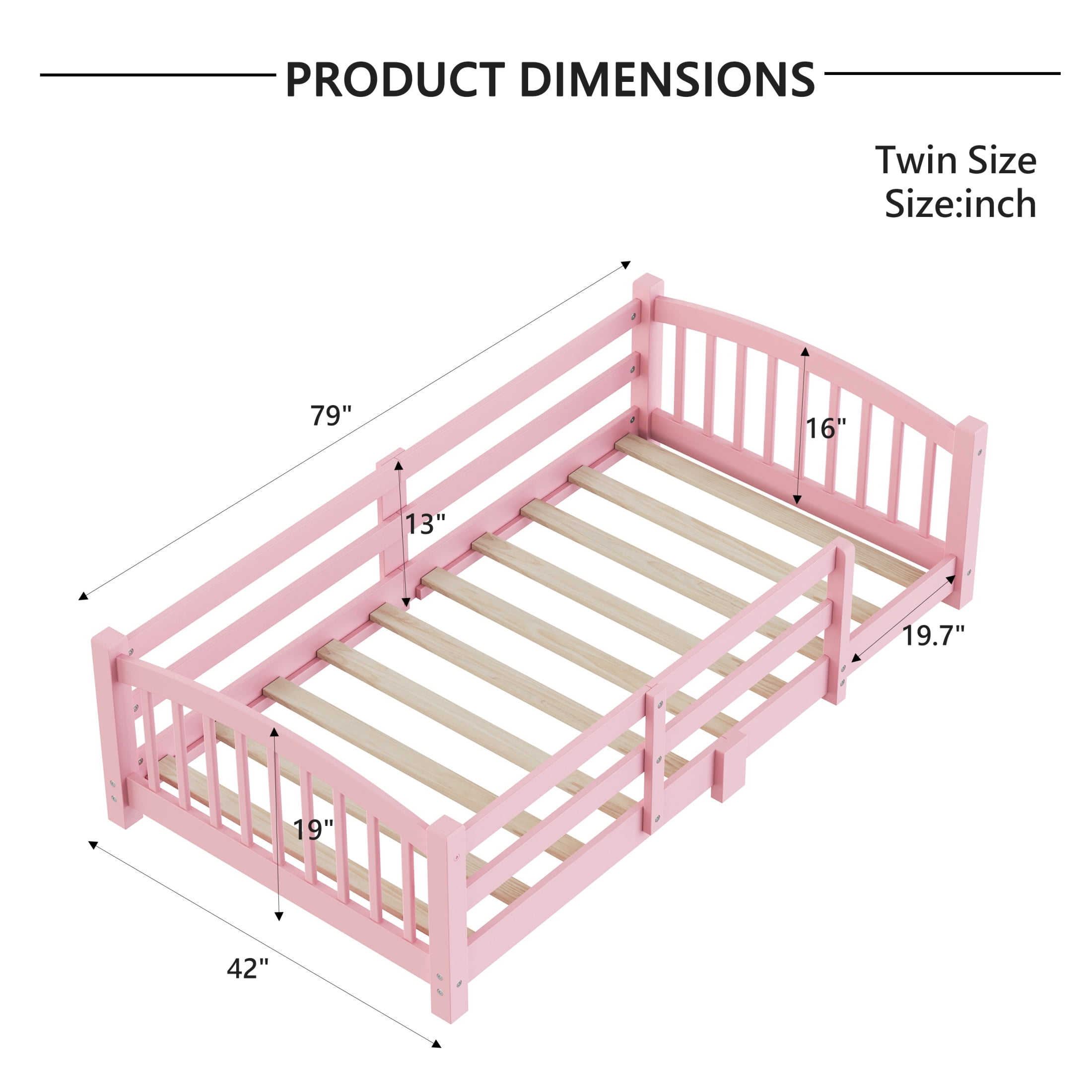 Noble House Twin Floor Bed with Slats, Safety Guardrails, Solid Wood Frame, Pink