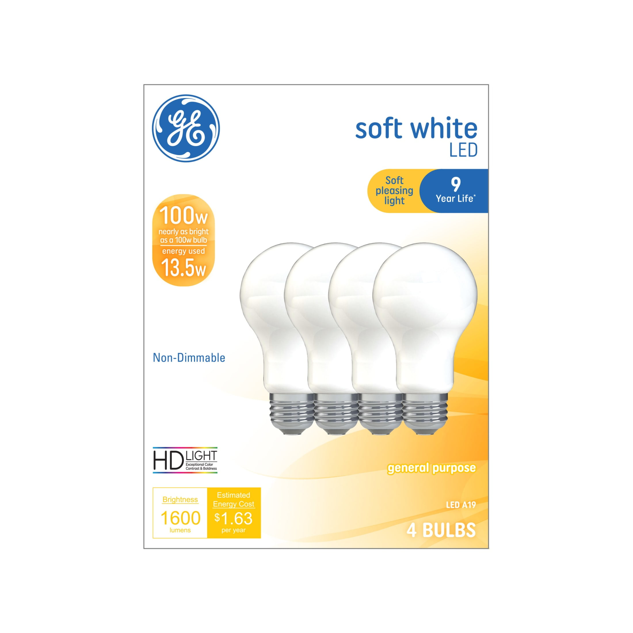 GE LED Light Bulbs, 100 Watt, Soft White, A19 Bulbs, Medium Base, Frosted Finish, 9yr, 4pk