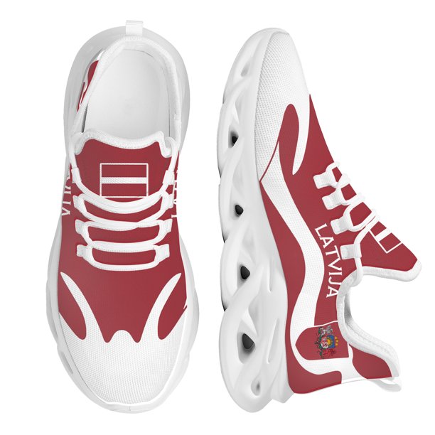 Zapatos deportivos ligeros de suela gruesa con diseño de bandera de Letonia en rojo y blanco, resistentes a los golpes y al aire libre.