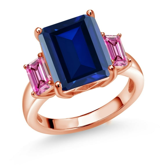 Gem Stone King 18K Rose Gold Plated Silver 3-Stone Ring Octagon Blue Simulated Sapphire and Vivid Pink Moissanite (7.84 Cttw, Size 6)