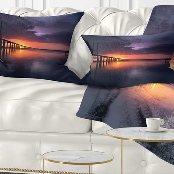 Designart Vasco Da Gama Bridge Portugal - Pier Seascape Throw Pillow - 12x20