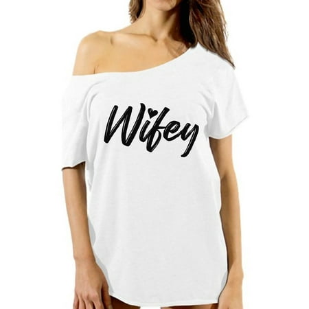 Mezee Off Shoulder Wifey Tshirt Women's Valentine's Day Party Outfit Cute Gifts for Wife Valentine's Day Tshirt Oversized Women's Wifey Flowy Top Best Wife Gifts Wife T Shirt Valentine (Lady Gaga Best Outfits)