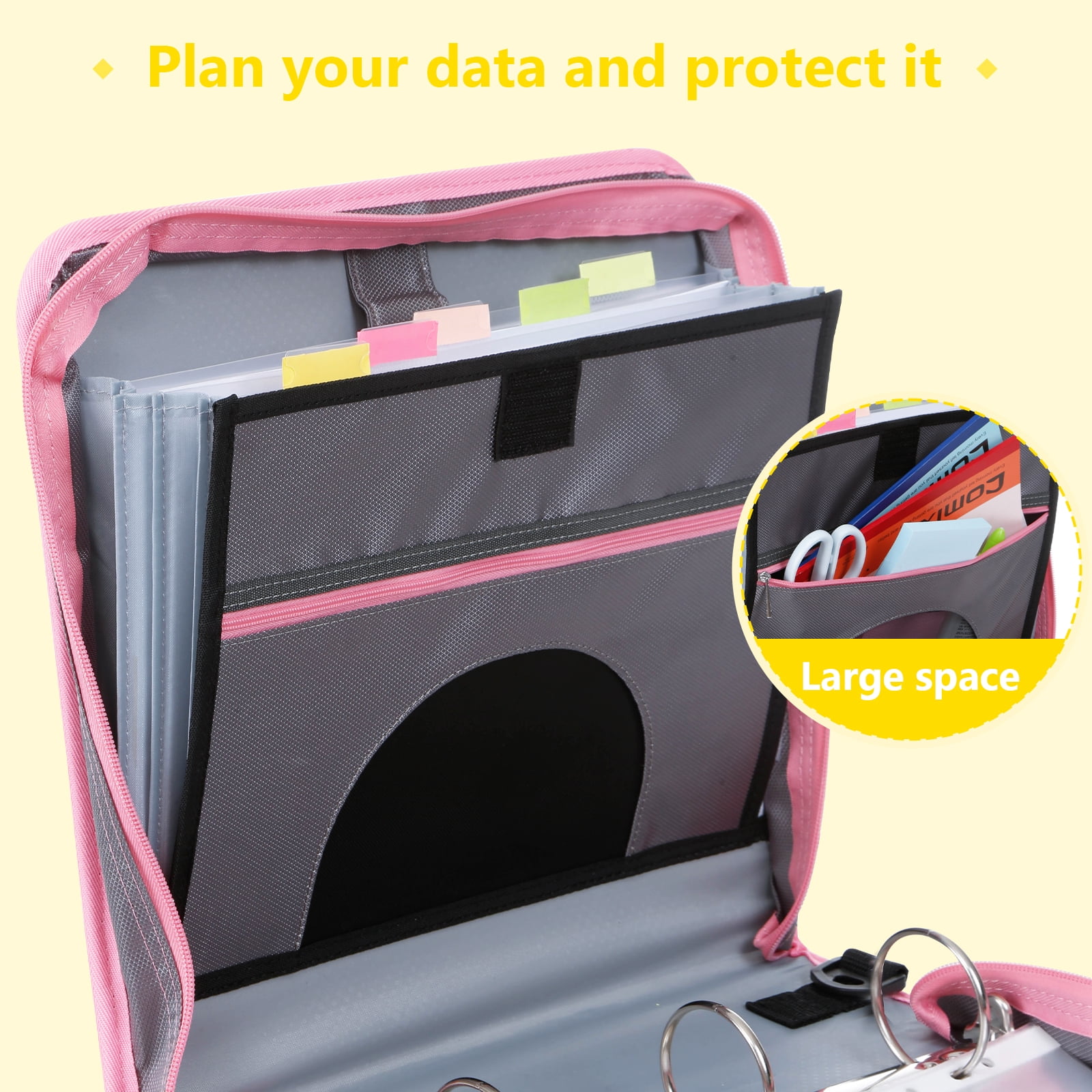 ViVin Zipper Binder 2 Inch O-Ring 450 Sheet Capacity, Multiple Tab and Zip Pockets, Office Supplies,Blue&Pink