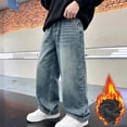 thumbnail image 6 of Efsteb Boys' Jeans Fleece-lined Straight Wide Leg Vintage Denim Pants with Pocket Elastic Waist Baggy Y2K Streetwear Trousers (Z_Blue,14-15 Years), 6 of 10