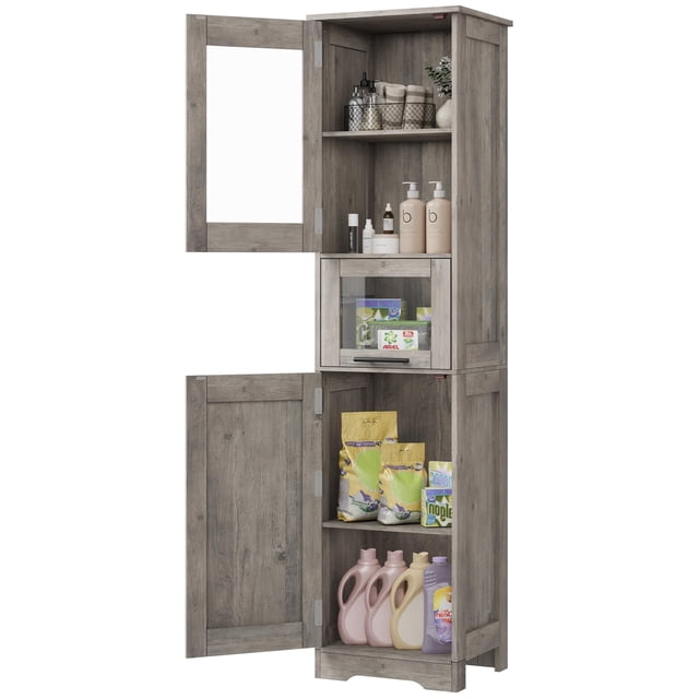 Armoire de Salle de Bain Mince Autoportante de 67 Pouces – Armoire de Rangement Moderne Grise avec 2 Portes en Verre, 1 Tiroir, Tablettes Ajustables – MDF Résistant à l'Humidité pour Salle de Bain, Cuisine, Salon