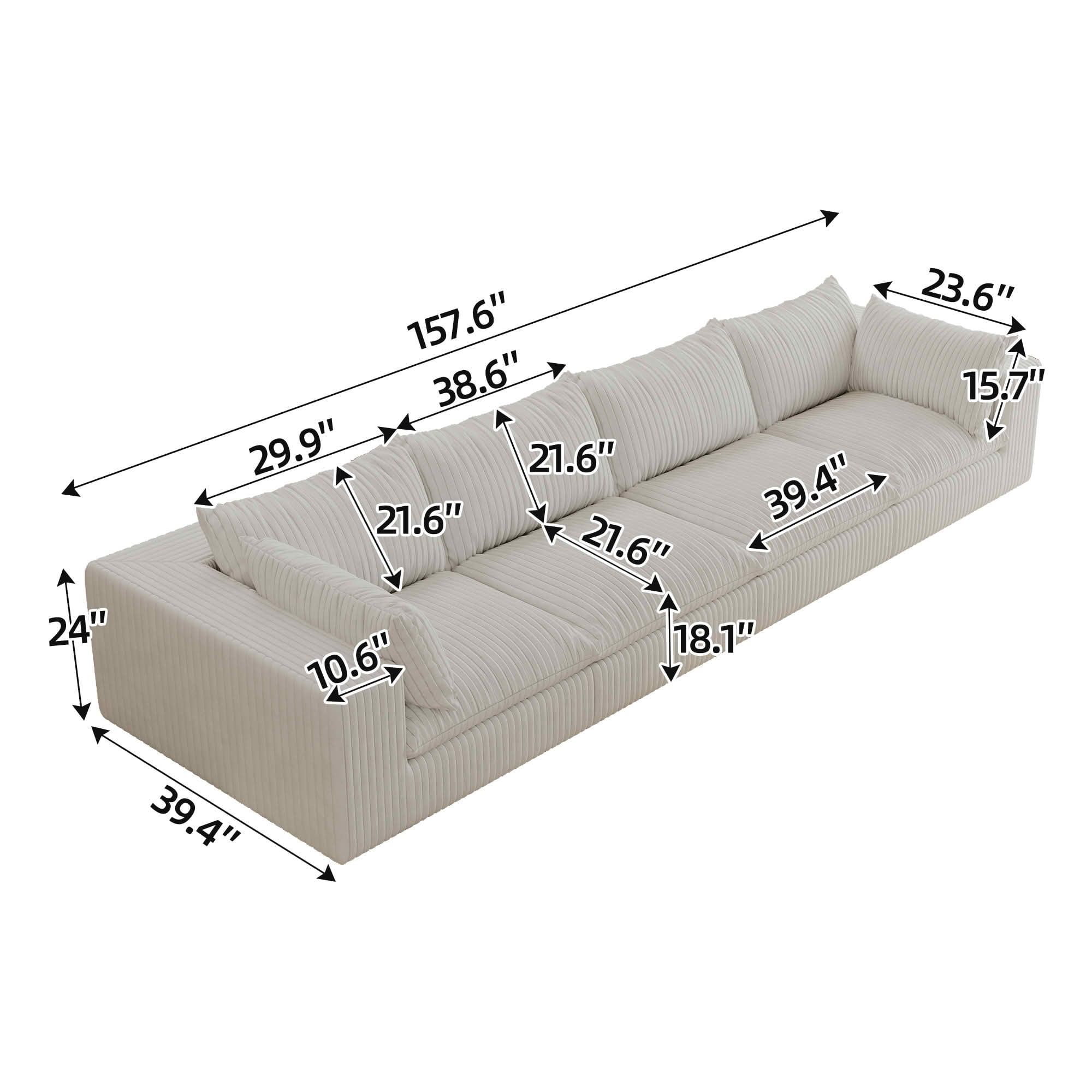 MAYEERTY 157.6" Cloud Corduroy Sofa, Deep Seat Double-Layer Design, Removable Cushion No Assembly, DIY Combination, White