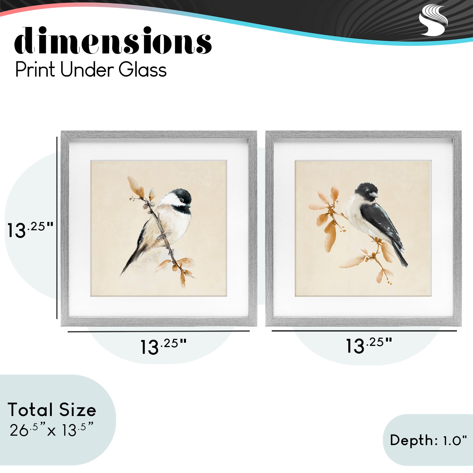 Stupell Industries Muted Chickadees on Beige 2 Piece Gray Framed Print Under Glass Set, design by Diannart