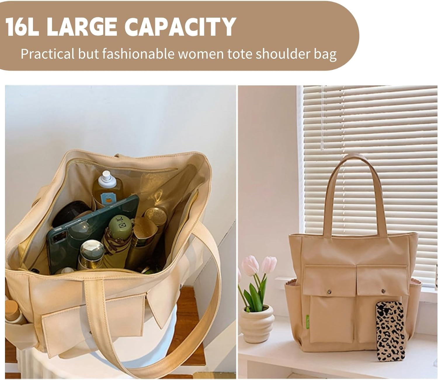 Women Multi Pockets Zipper Waterproof Lightweight Tote Bag Casual Large Shoulder Handbags Cute Canvas College Totes