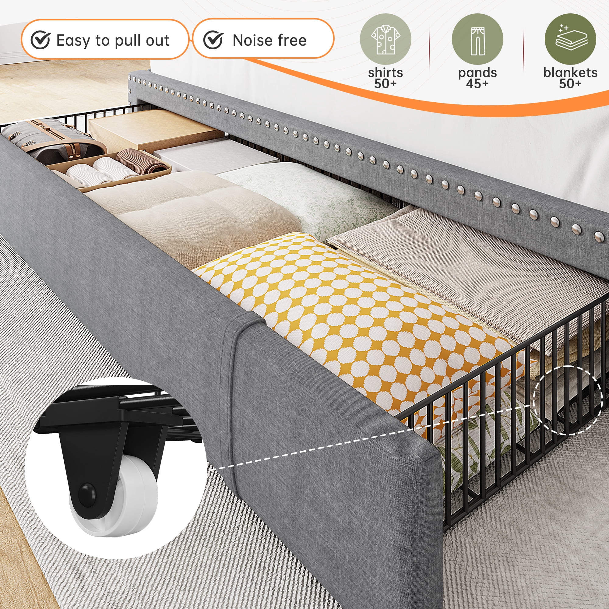 Queen Size Bed Frame with Headboard Bed Frame with 2 Drawers Bed Frame with Storage,Gray