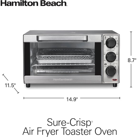 Sure-Crisp Air Fryer Toaster Oven Combo, Fits 9” Pizza, 4 Slice Capacity, Powerful Circulation, Auto Shutoff, Stainless Steel (31403)
