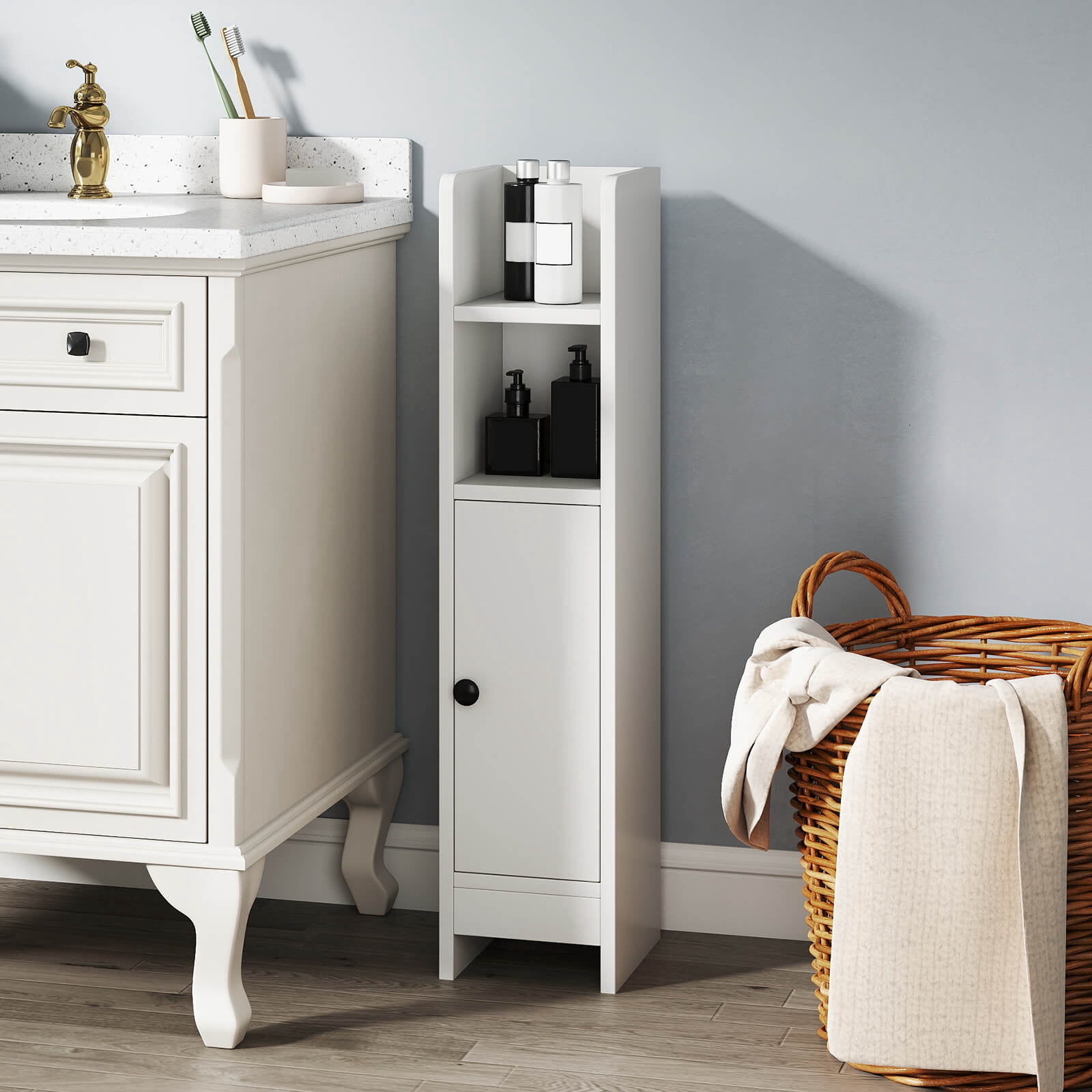 Costway Bathroom Storage Cabinet with Adjustable Shelf 1 Door & 2 Open Shelves Living Room White