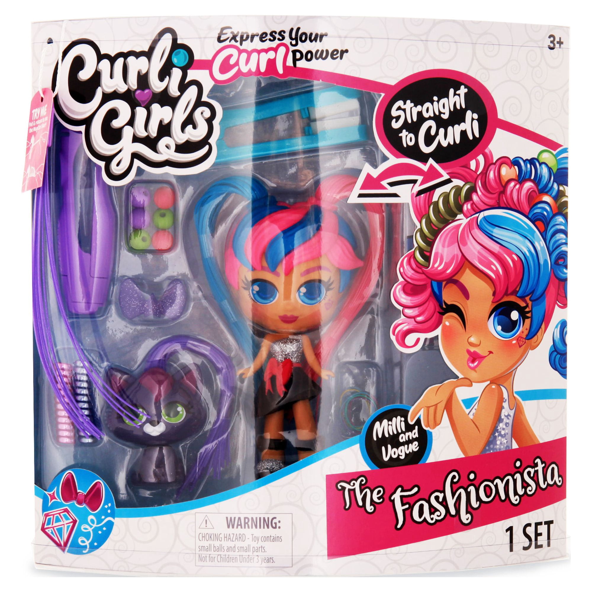 CurliGirls Milli, the Fashionista & Vogue, her cat - Deluxe Hairstyling Doll with MagiCurl Hair - Style Again and Again - Ages 3+