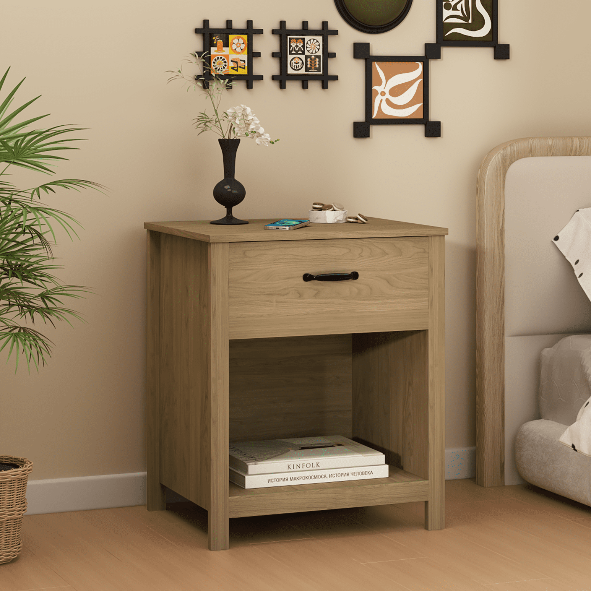 Leumius Wood Nightstand with One Drawer and Open Shelf,Modern Bedside Table with Storage for Bedroom/Living Room/Apartment,Brown