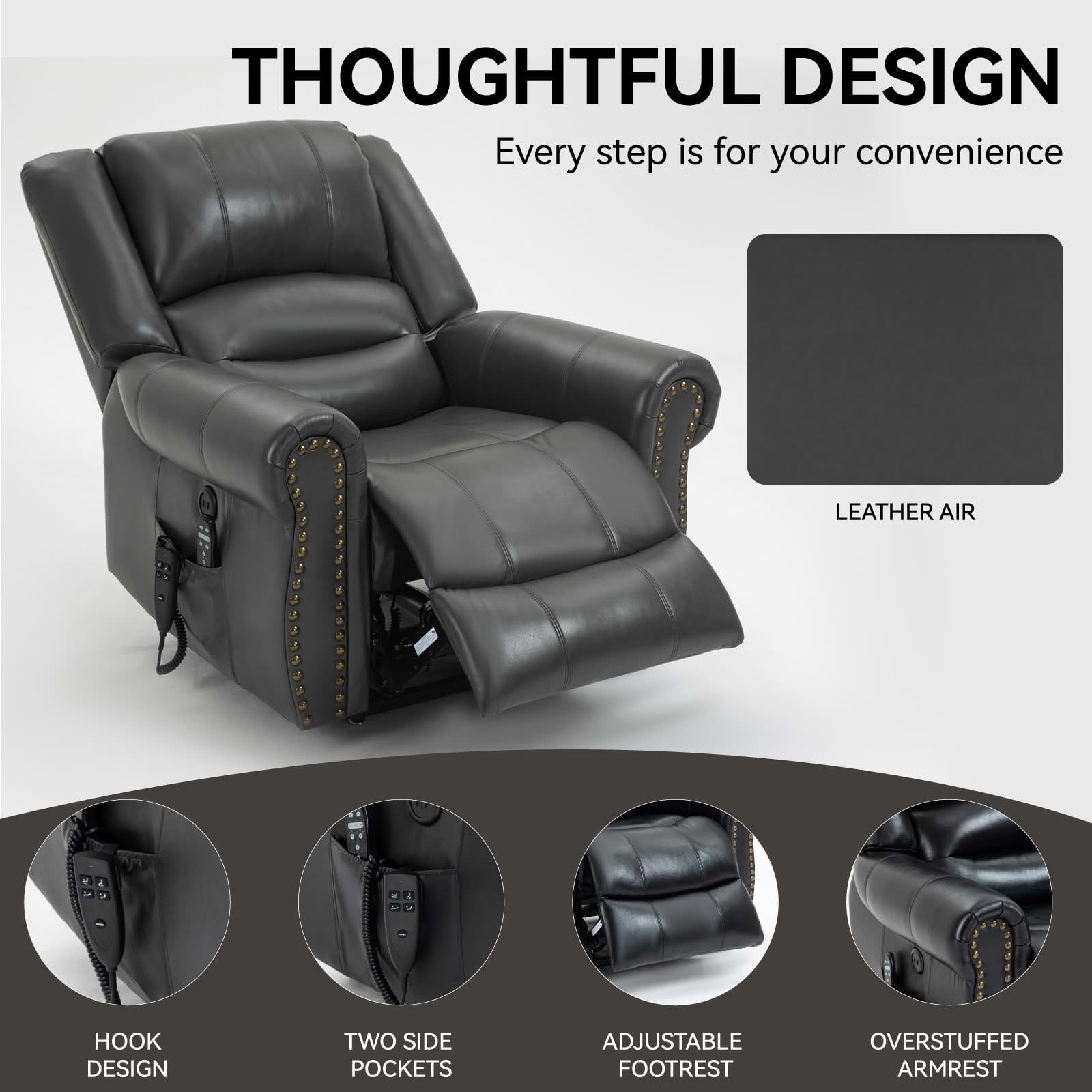 MAYEERTY 350lbs Grey Faux Leather Power Lift Recliner, Dual Motor 180° Infinite Position Chair with Heat Massage USB Ports